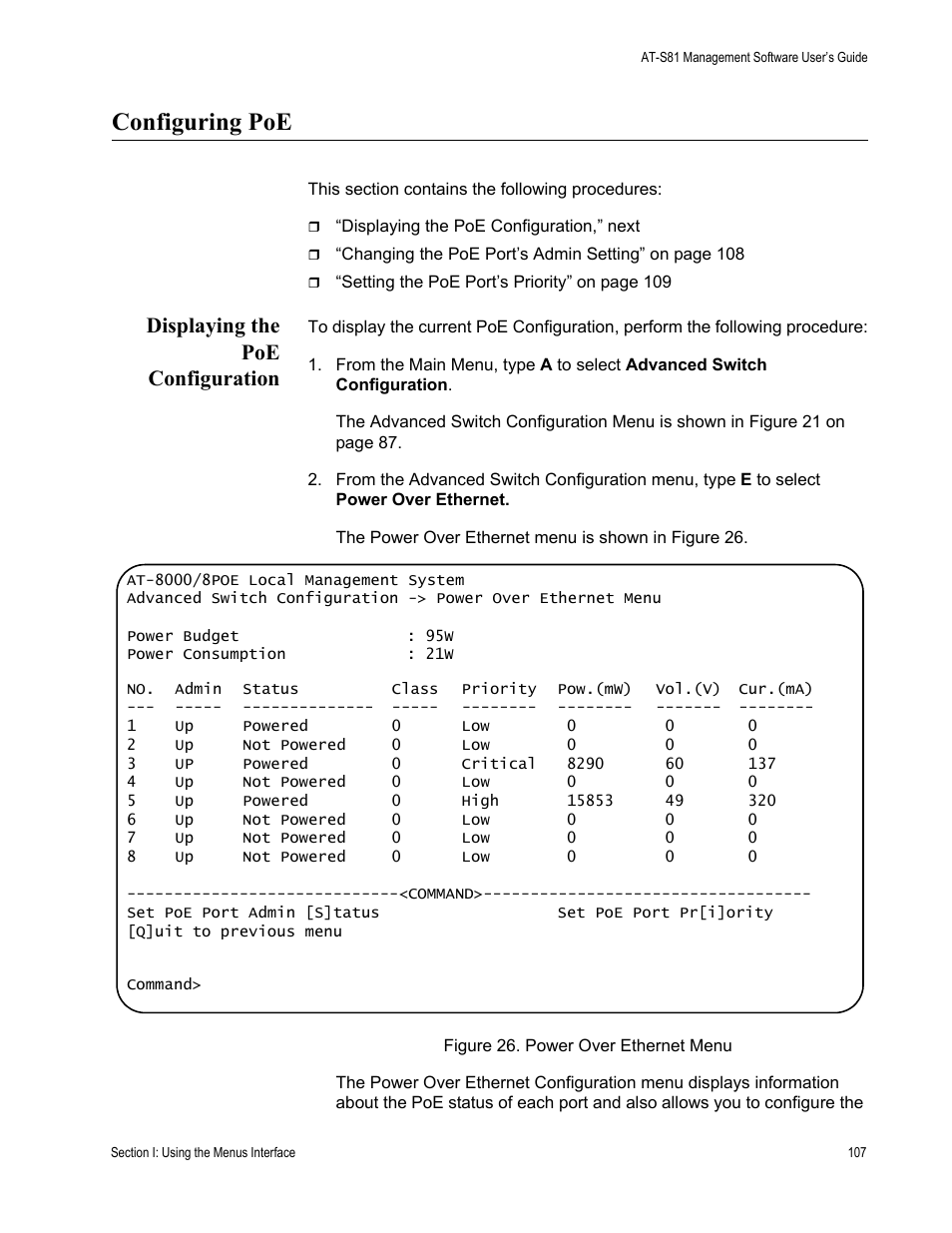 Configuring poe, Displaying the poe configuration, Figure 26. power over ethernet menu | Allied Telesis AT 8000/8POE User Manual | Page 107 / 360