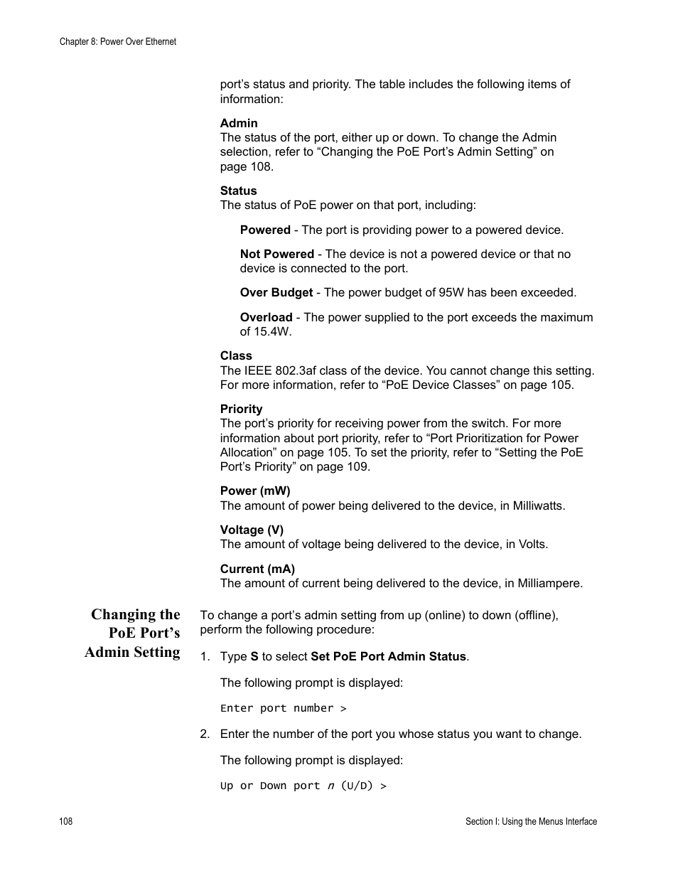 Changing the poe port’s admin setting | Allied Telesis AT 8000/8POE User Manual | Page 108 / 360