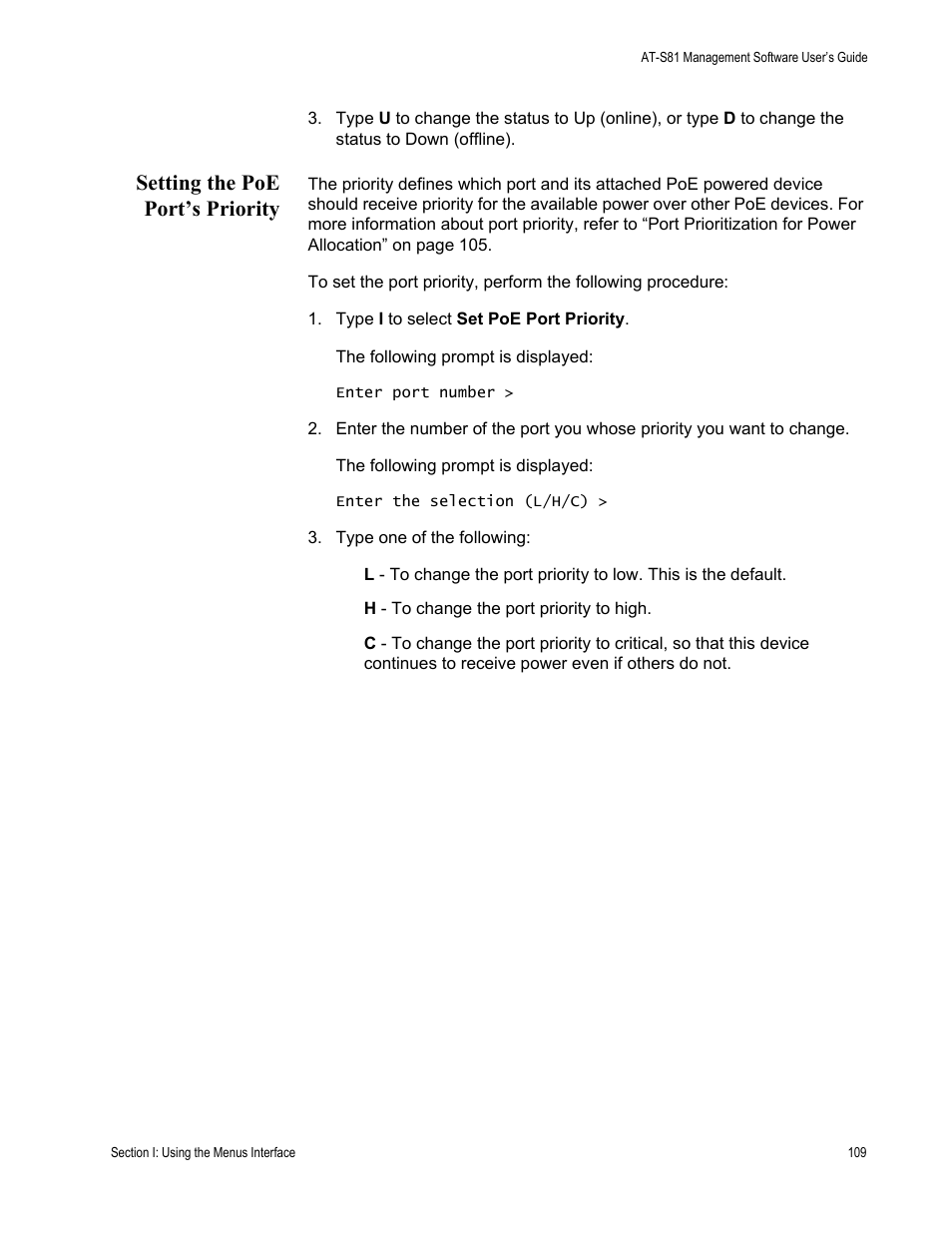 Setting the poe port’s priority | Allied Telesis AT 8000/8POE User Manual | Page 109 / 360