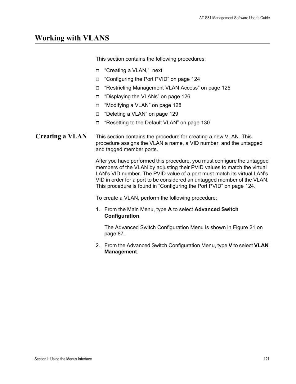 Working with vlans, Creating a vlan | Allied Telesis AT 8000/8POE User Manual | Page 121 / 360