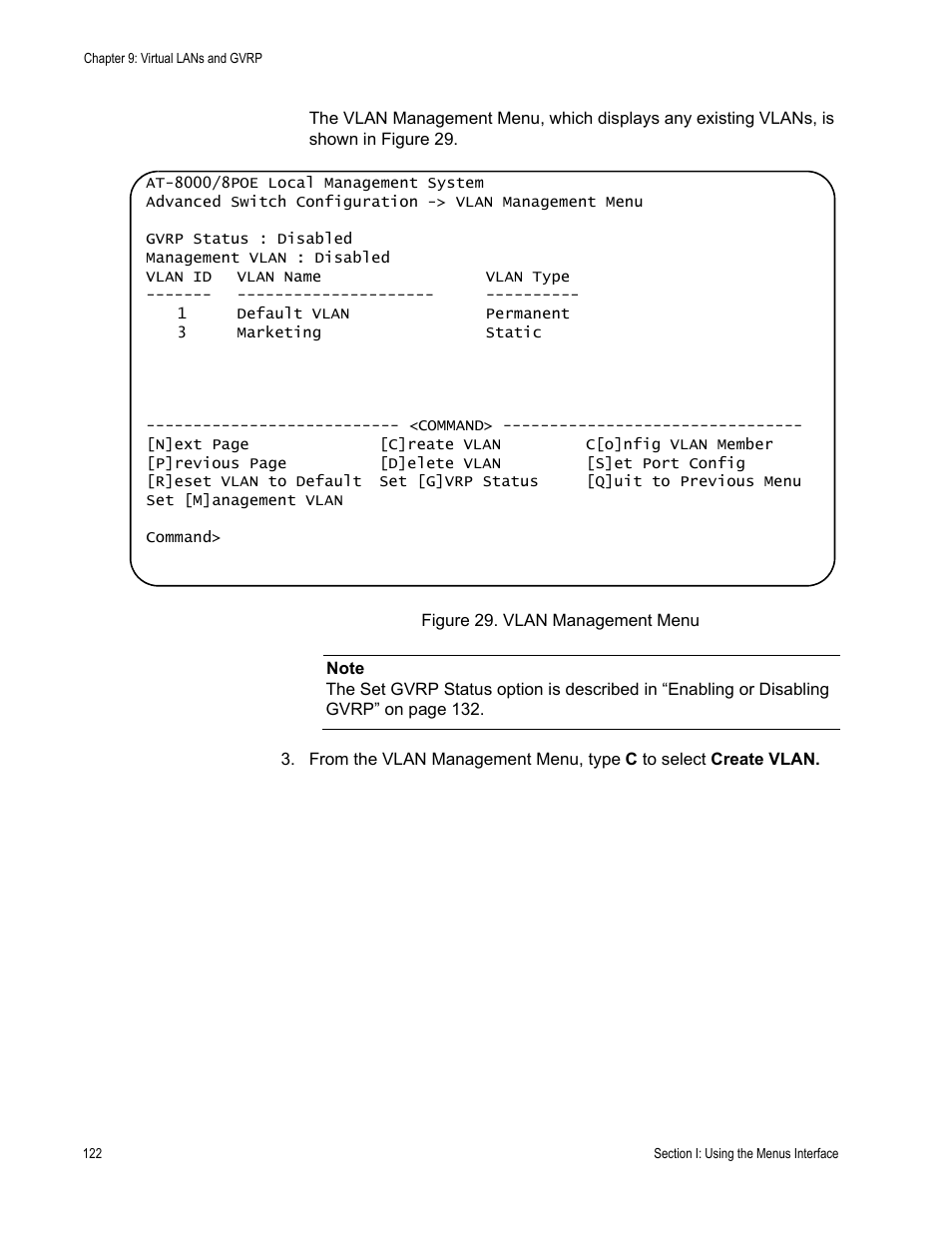 Figure 29. vlan management menu | Allied Telesis AT 8000/8POE User Manual | Page 122 / 360