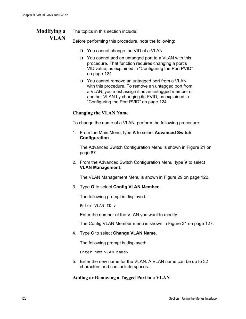 Modifying a vlan | Allied Telesis AT 8000/8POE User Manual | Page 128 / 360