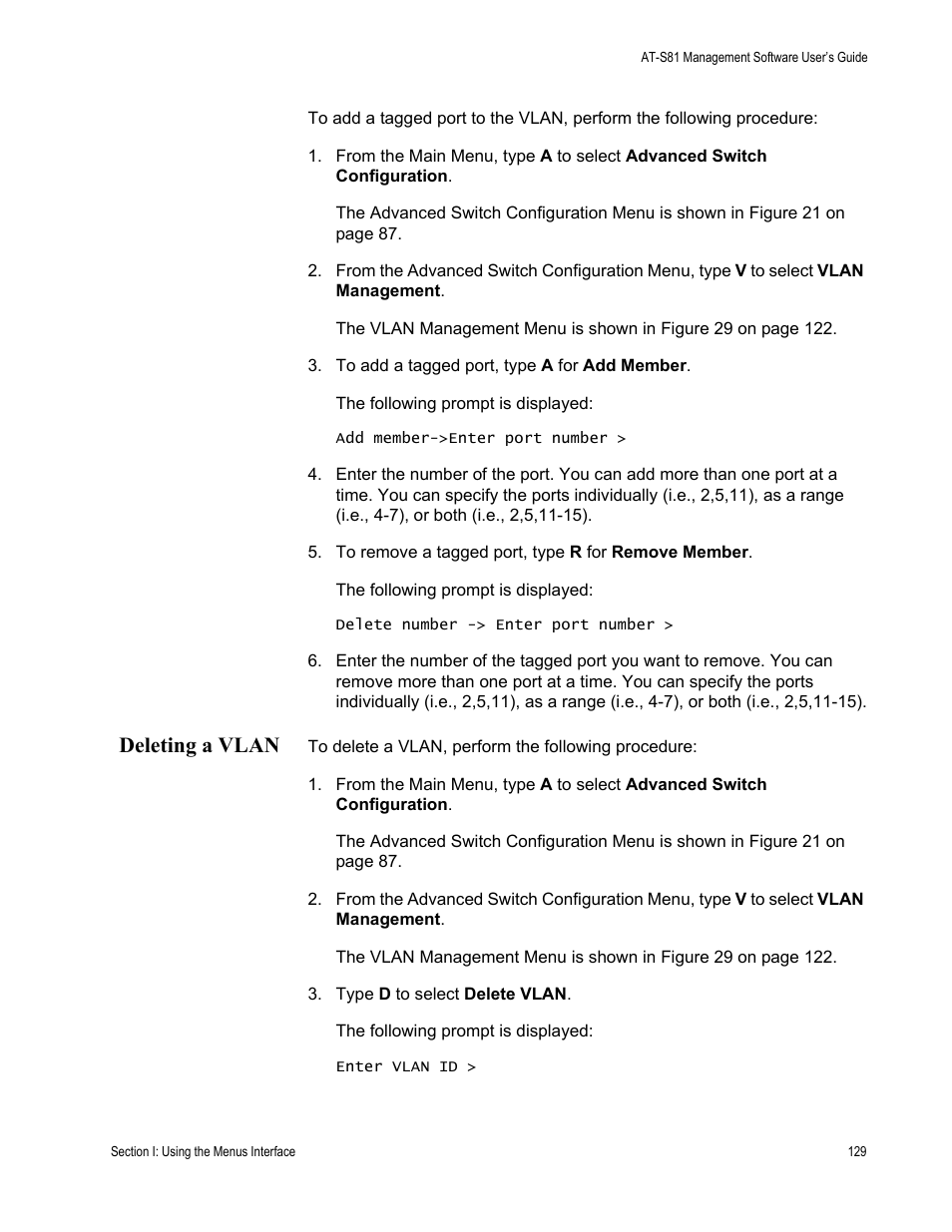 Deleting a vlan | Allied Telesis AT 8000/8POE User Manual | Page 129 / 360