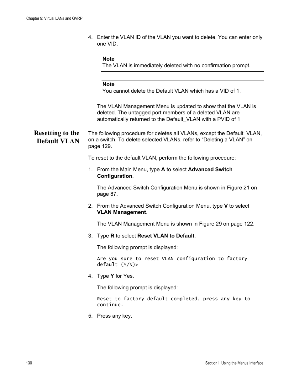 Resetting to the default vlan | Allied Telesis AT 8000/8POE User Manual | Page 130 / 360