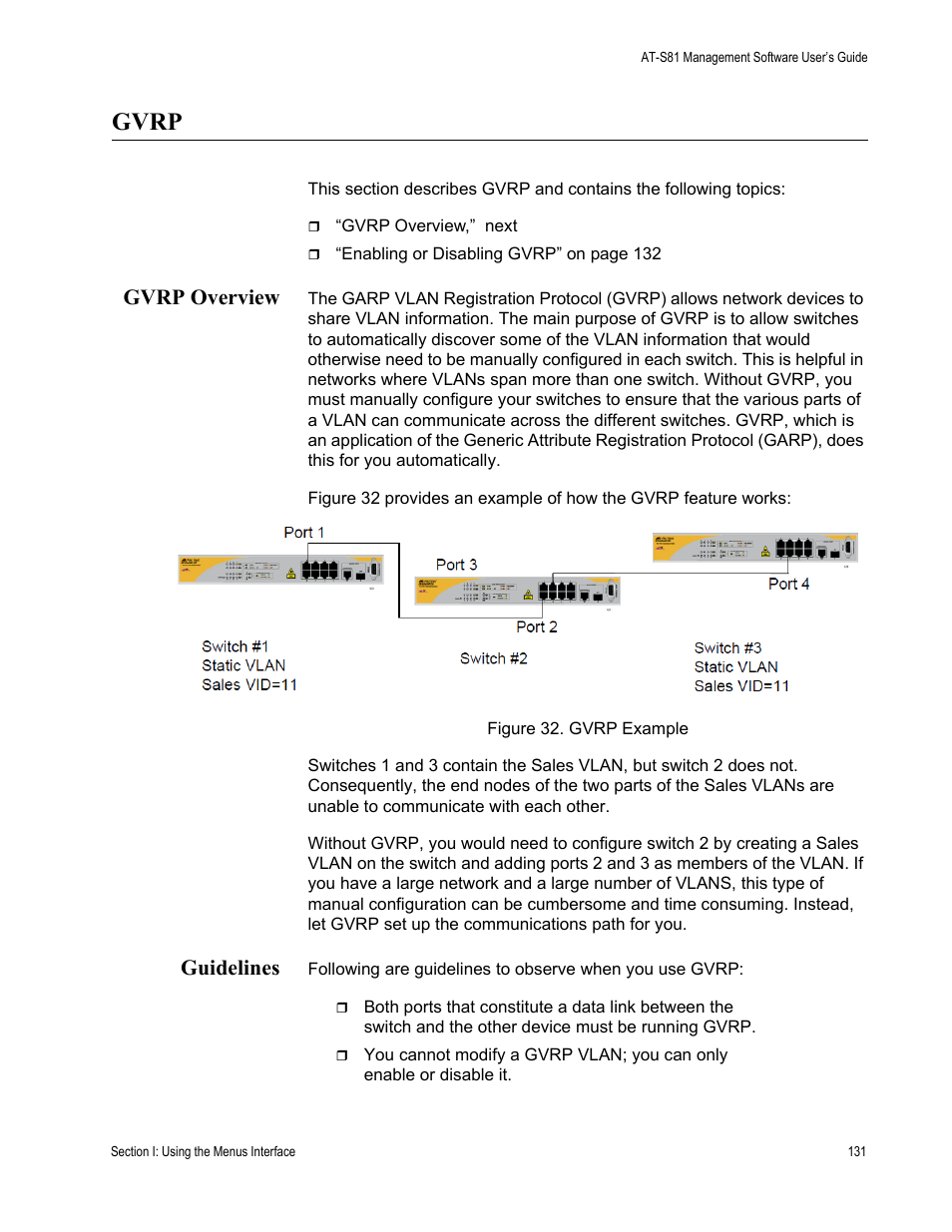 Gvrp, Gvrp overview, Guidelines | Gvrp overview guidelines, Figure 32. gvrp example | Allied Telesis AT 8000/8POE User Manual | Page 131 / 360