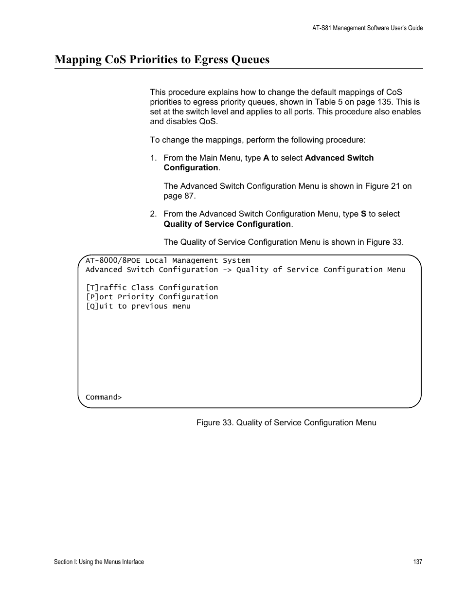 Mapping cos priorities to egress queues, Figure 33. quality of service configuration menu | Allied Telesis AT 8000/8POE User Manual | Page 137 / 360