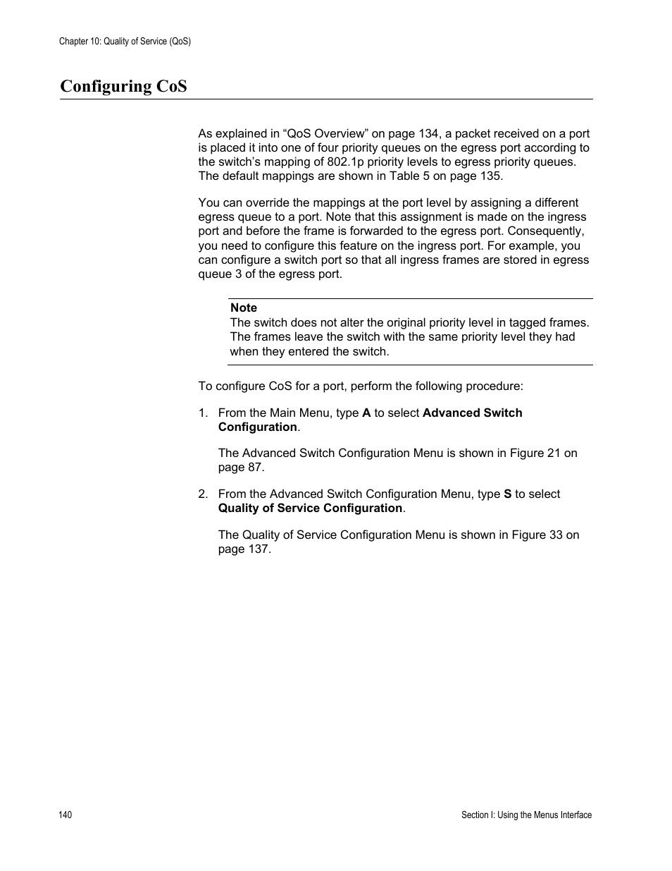 Configuring cos | Allied Telesis AT 8000/8POE User Manual | Page 140 / 360