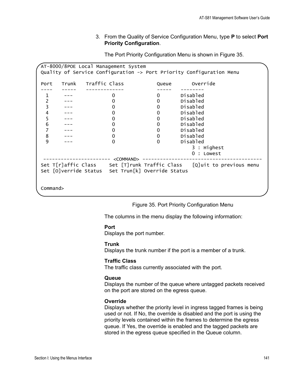 Figure 35. port priority configuration menu | Allied Telesis AT 8000/8POE User Manual | Page 141 / 360