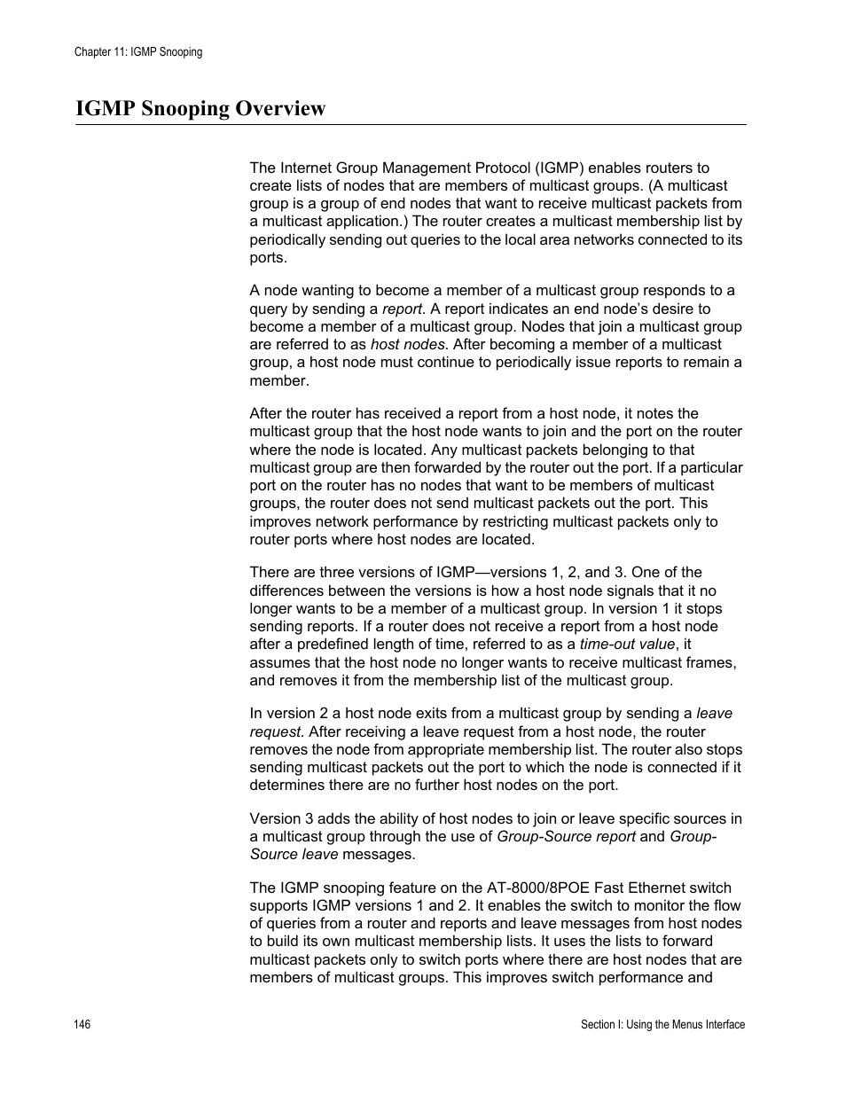 Igmp snooping overview | Allied Telesis AT 8000/8POE User Manual | Page 146 / 360