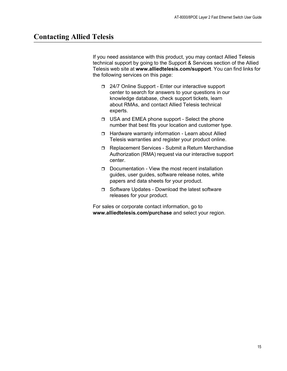 Contacting allied telesis | Allied Telesis AT 8000/8POE User Manual | Page 15 / 360