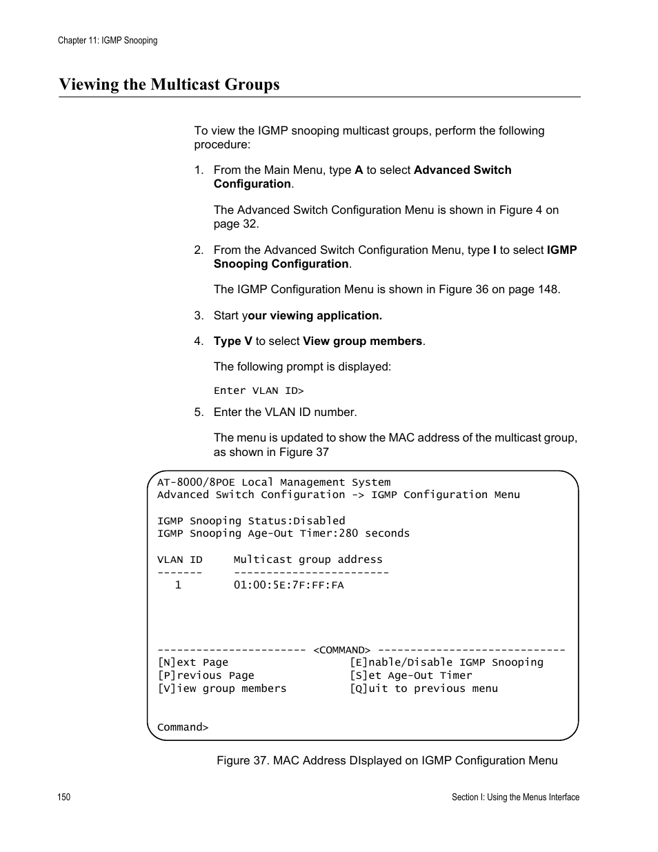 Viewing the multicast groups | Allied Telesis AT 8000/8POE User Manual | Page 150 / 360