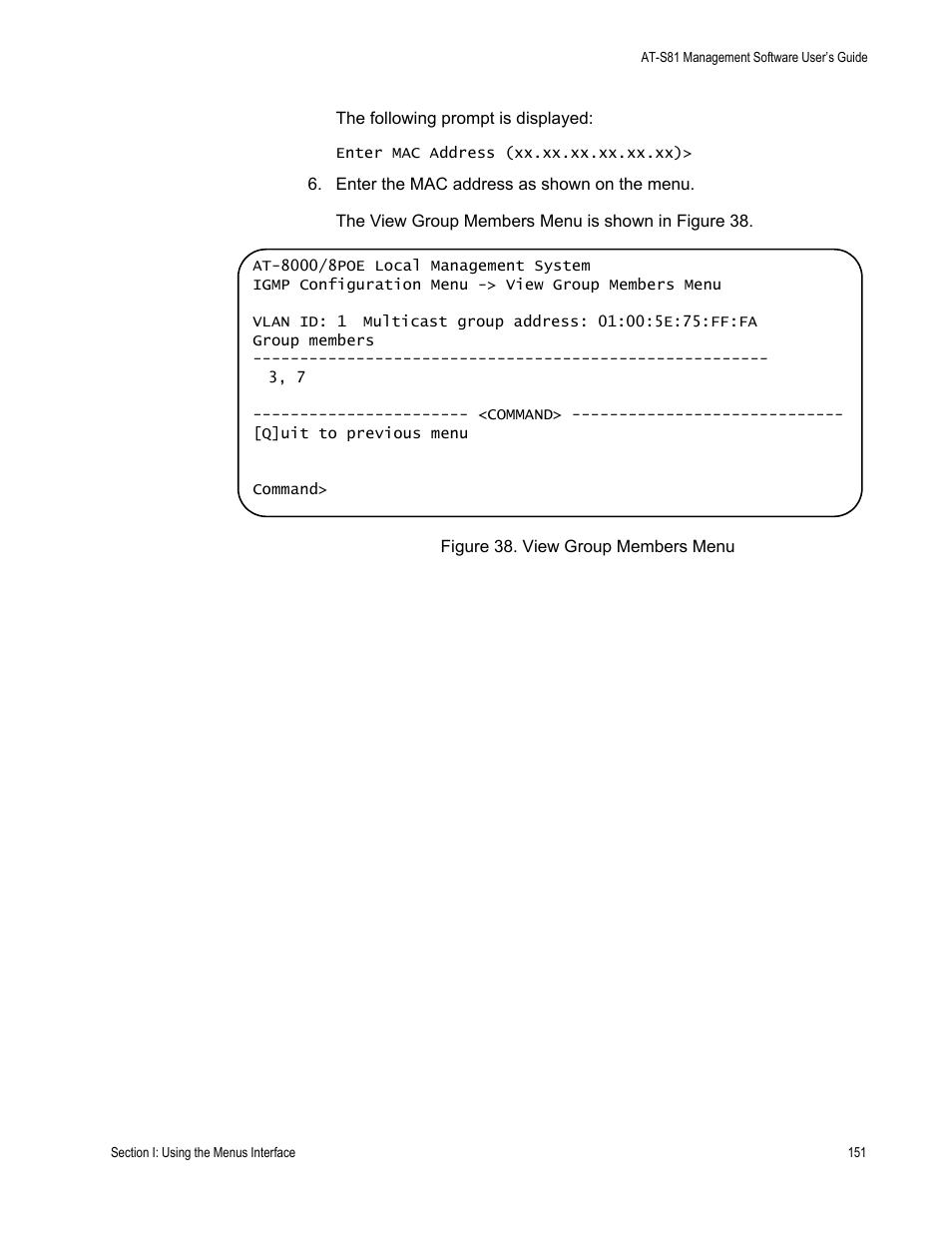 Figure 38. view group members menu | Allied Telesis AT 8000/8POE User Manual | Page 151 / 360