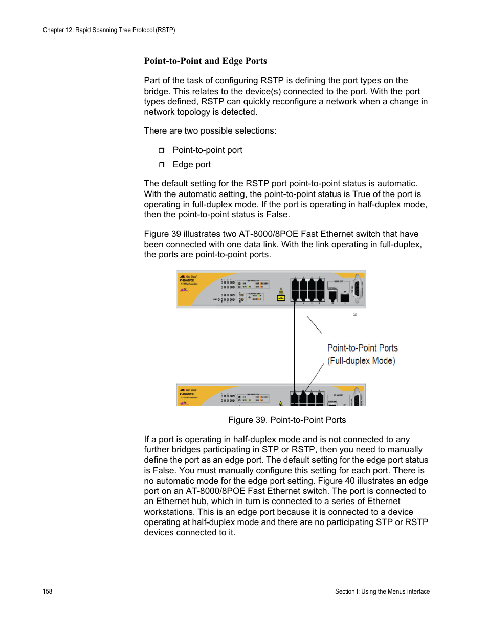 Point-to-point and edge ports, Figure 39. point-to-point ports | Allied Telesis AT 8000/8POE User Manual | Page 158 / 360