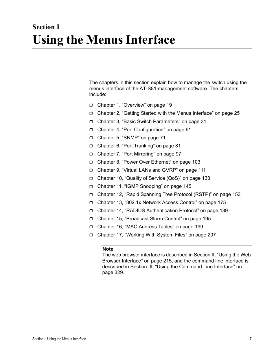 Section i, Using the menus interface | Allied Telesis AT 8000/8POE User Manual | Page 17 / 360