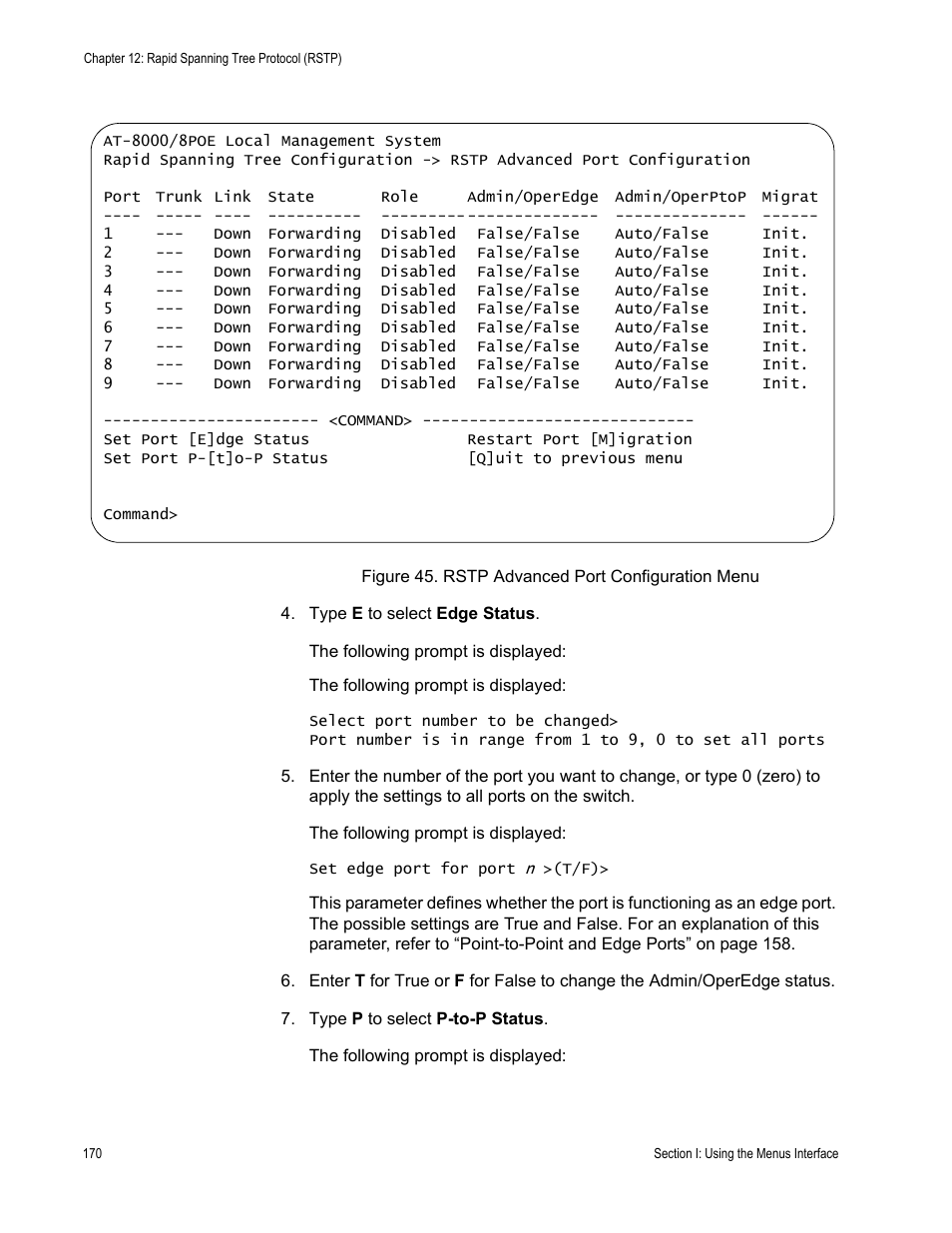 Figure 45. rstp advanced port configuration menu | Allied Telesis AT 8000/8POE User Manual | Page 170 / 360