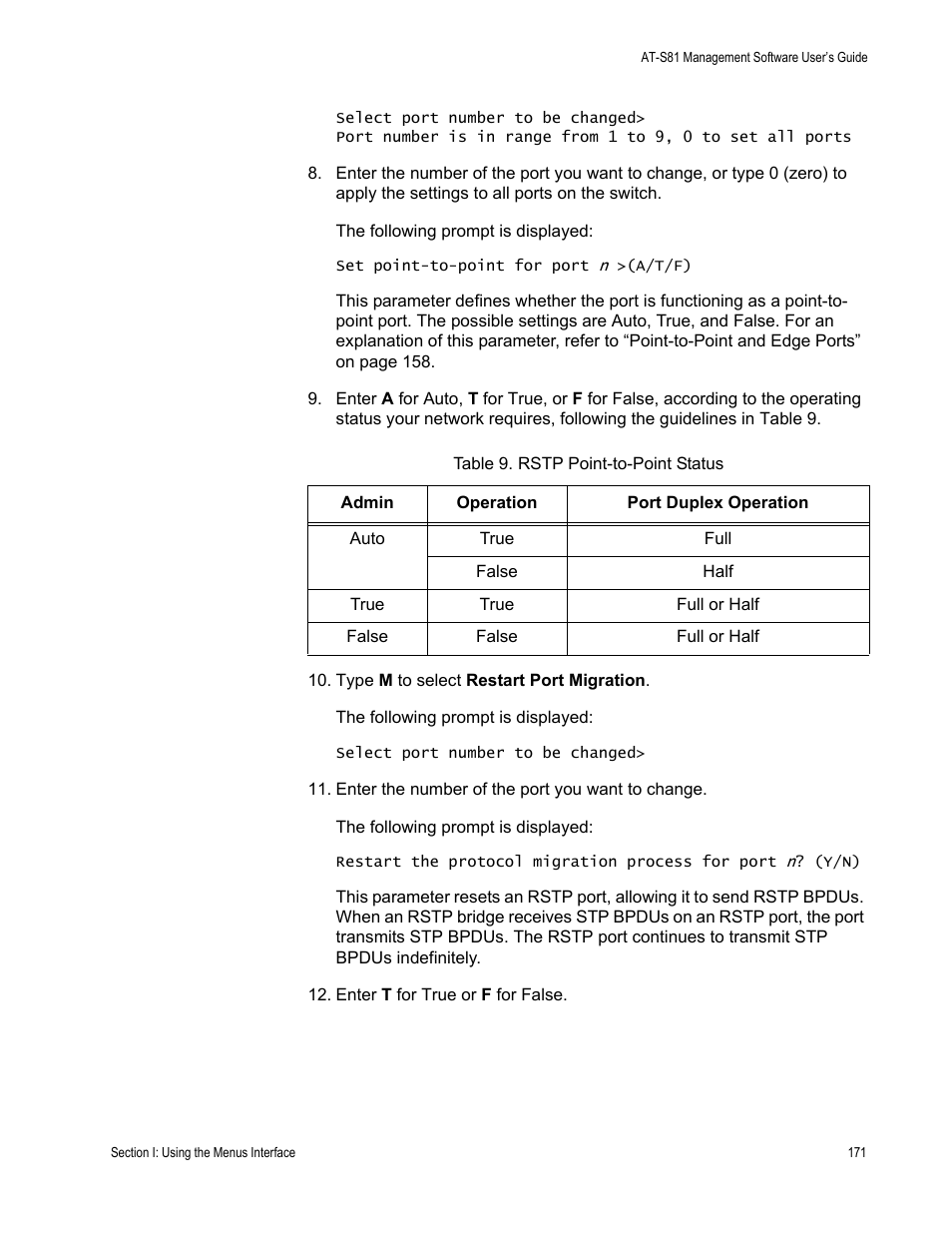 Table 9. rstp point-to-point status | Allied Telesis AT 8000/8POE User Manual | Page 171 / 360