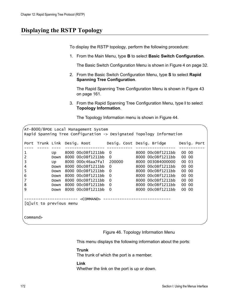 Displaying the rstp topology, Figure 46. topology information menu | Allied Telesis AT 8000/8POE User Manual | Page 172 / 360