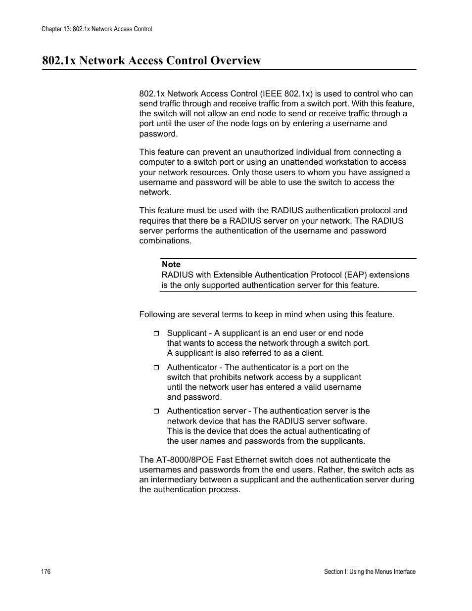 1x network access control overview | Allied Telesis AT 8000/8POE User Manual | Page 176 / 360