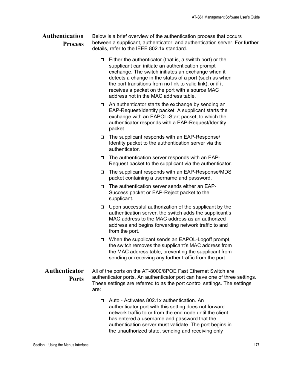 Authentication process authenticator ports, Authentication process, Authenticator ports | Allied Telesis AT 8000/8POE User Manual | Page 177 / 360