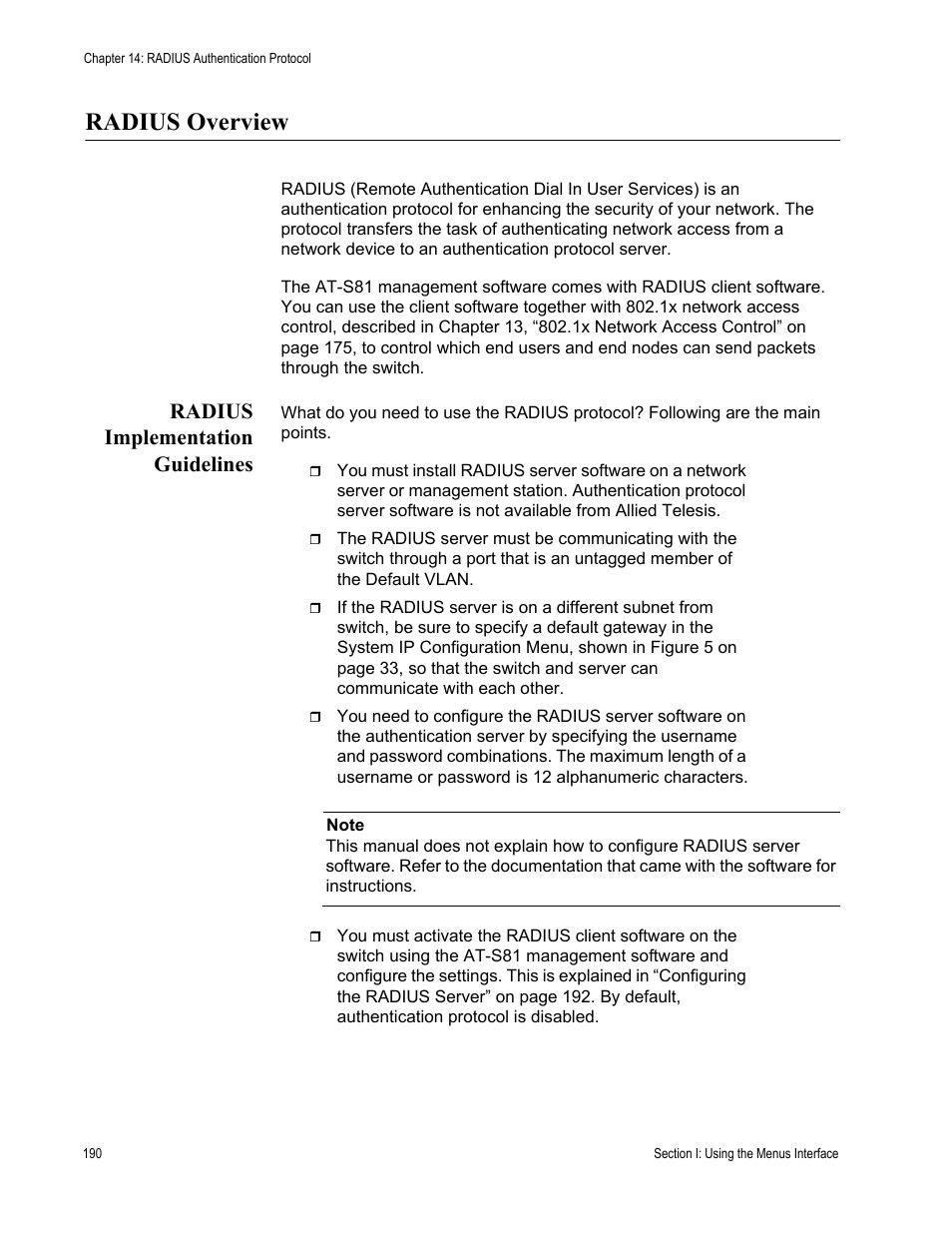 Radius overview, Radius implementation guidelines | Allied Telesis AT 8000/8POE User Manual | Page 190 / 360
