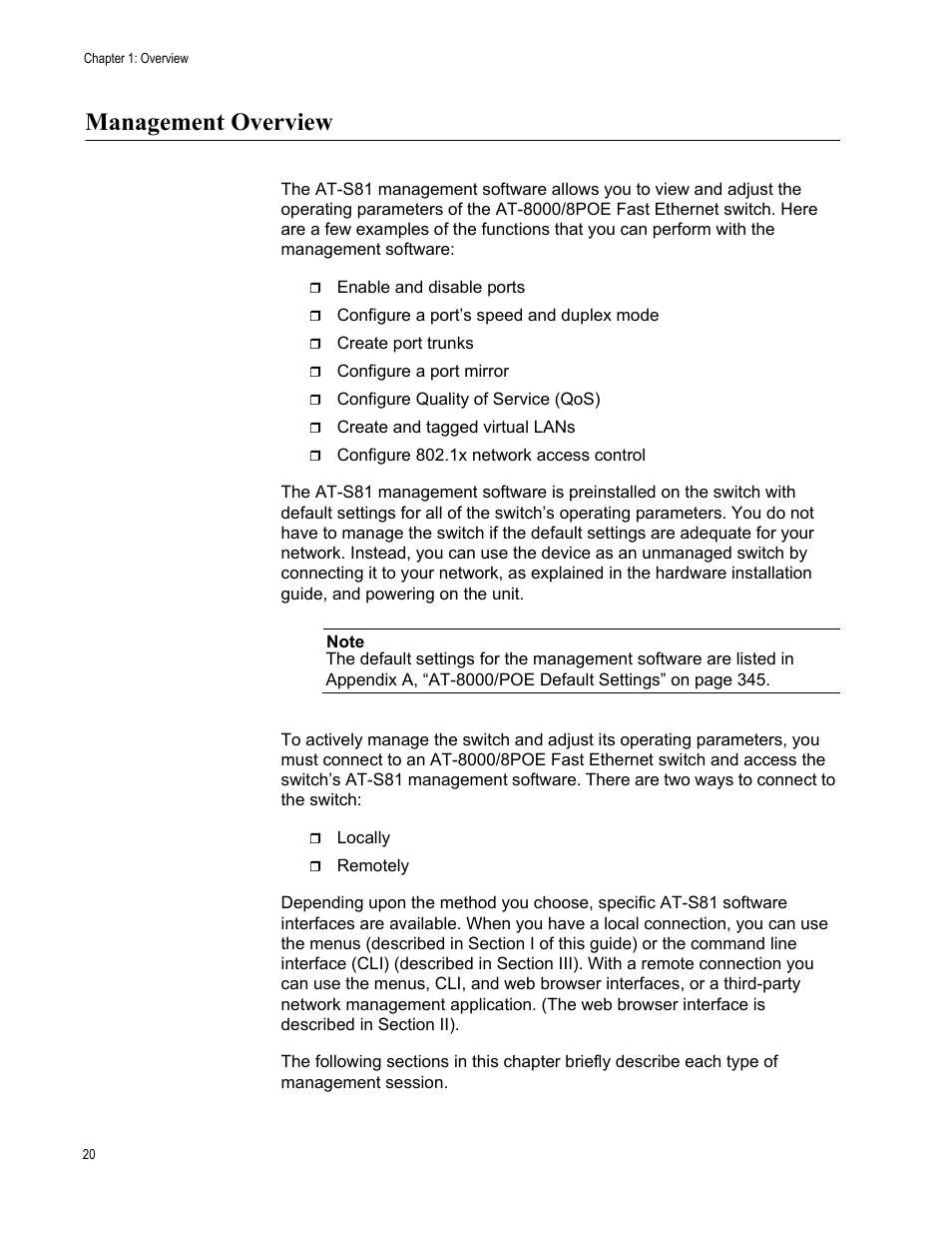 Management overview | Allied Telesis AT 8000/8POE User Manual | Page 20 / 360