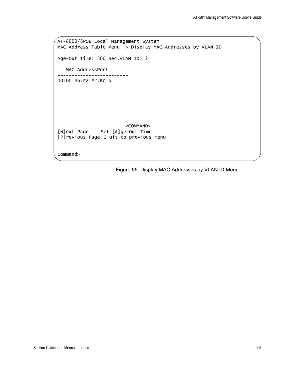 Figure 55. display mac addresses by vlan id menu | Allied Telesis AT 8000/8POE User Manual | Page 205 / 360