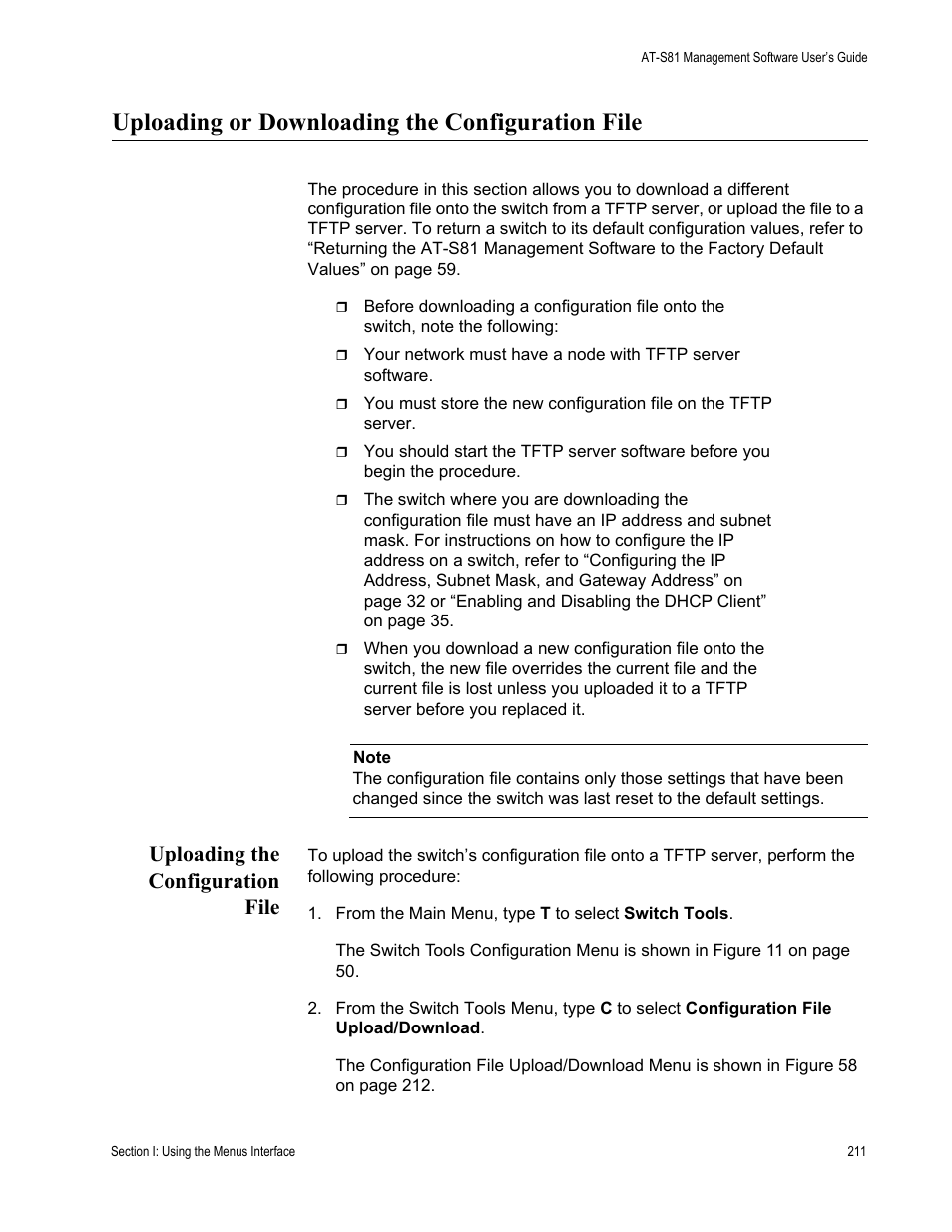 Uploading or downloading the configuration file, Uploading the configuration file | Allied Telesis AT 8000/8POE User Manual | Page 211 / 360