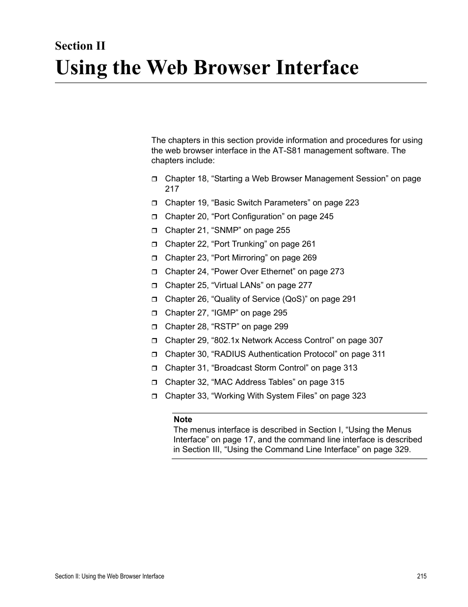 Section ii, Using the web browser interface | Allied Telesis AT 8000/8POE User Manual | Page 215 / 360