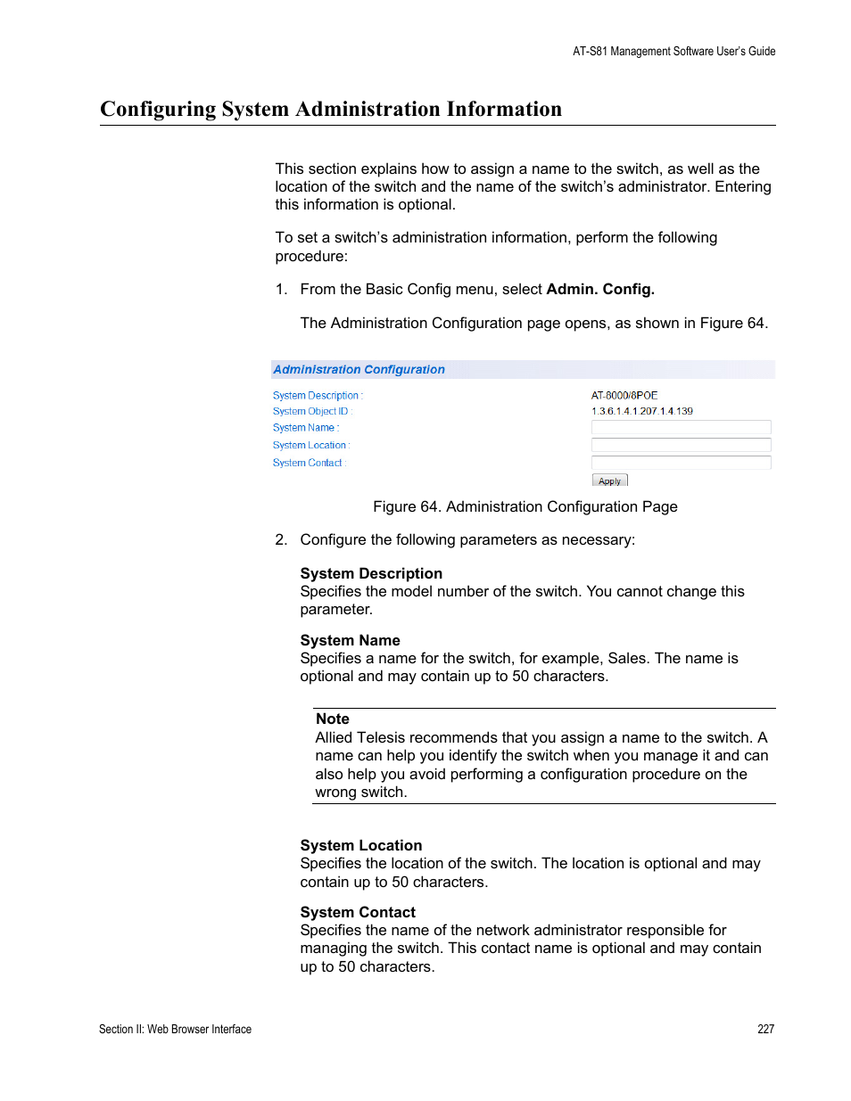 Configuring system administration information | Allied Telesis AT 8000/8POE User Manual | Page 227 / 360