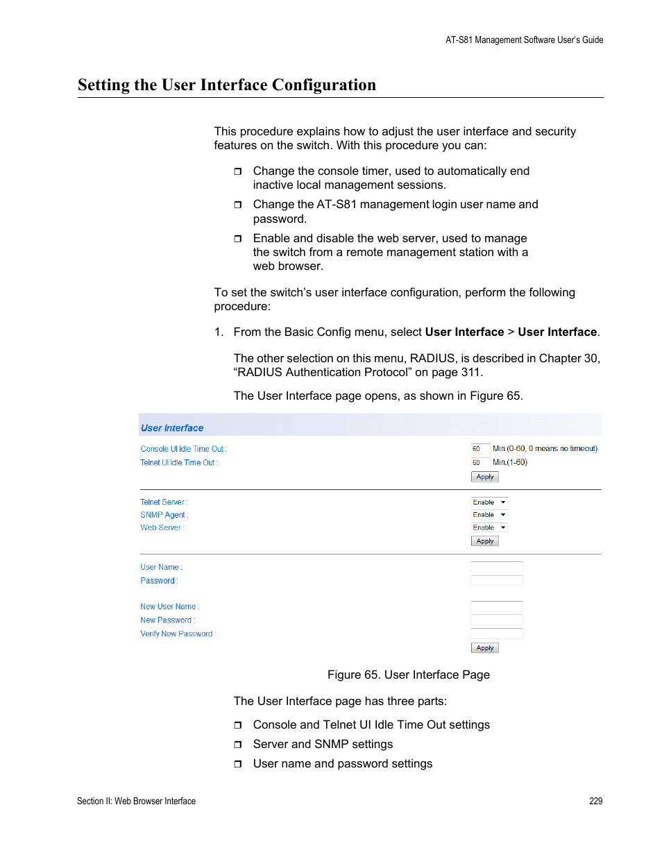 Setting the user interface configuration | Allied Telesis AT 8000/8POE User Manual | Page 229 / 360