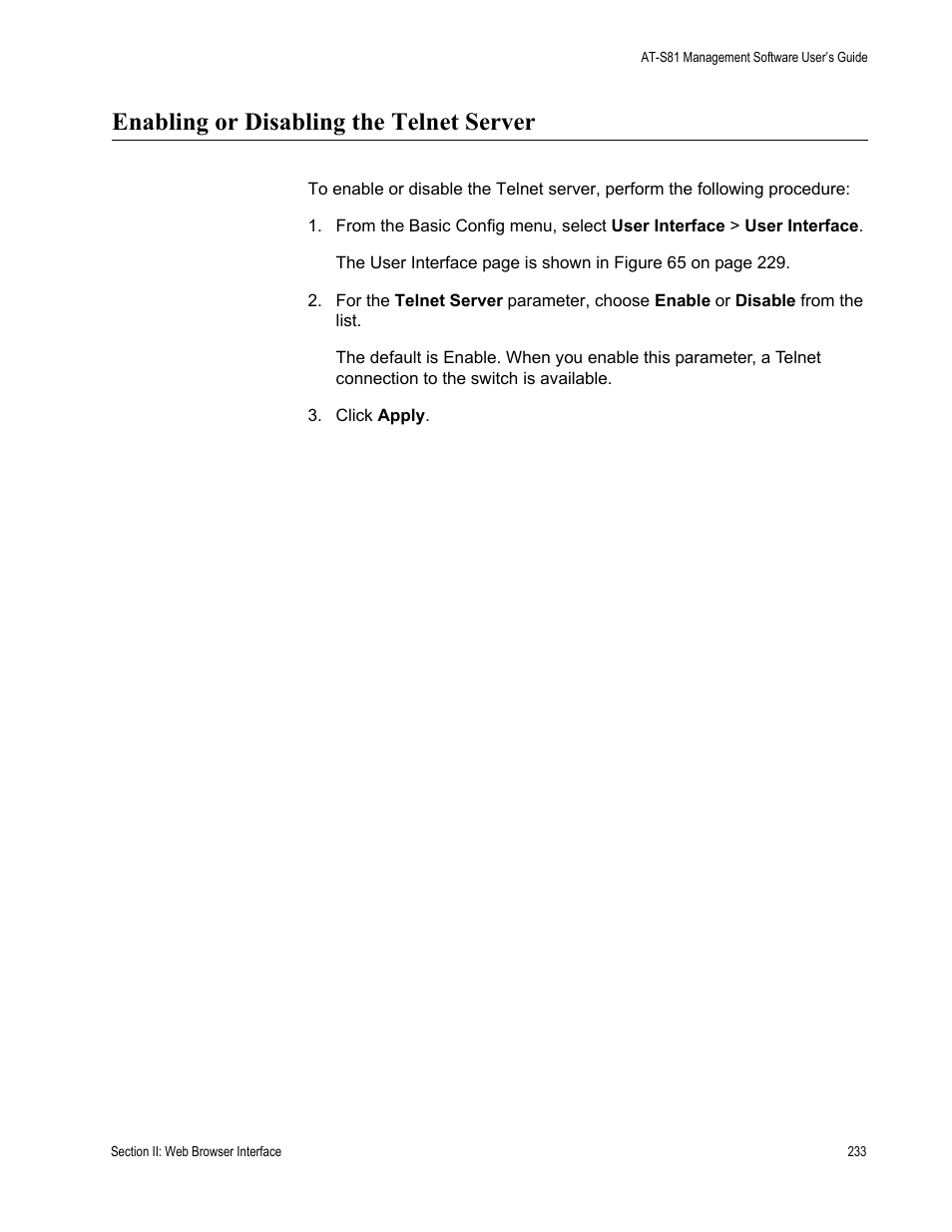 Enabling or disabling the telnet server | Allied Telesis AT 8000/8POE User Manual | Page 233 / 360