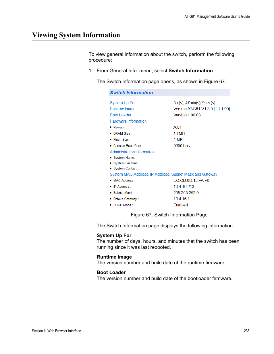 Viewing system information | Allied Telesis AT 8000/8POE User Manual | Page 235 / 360
