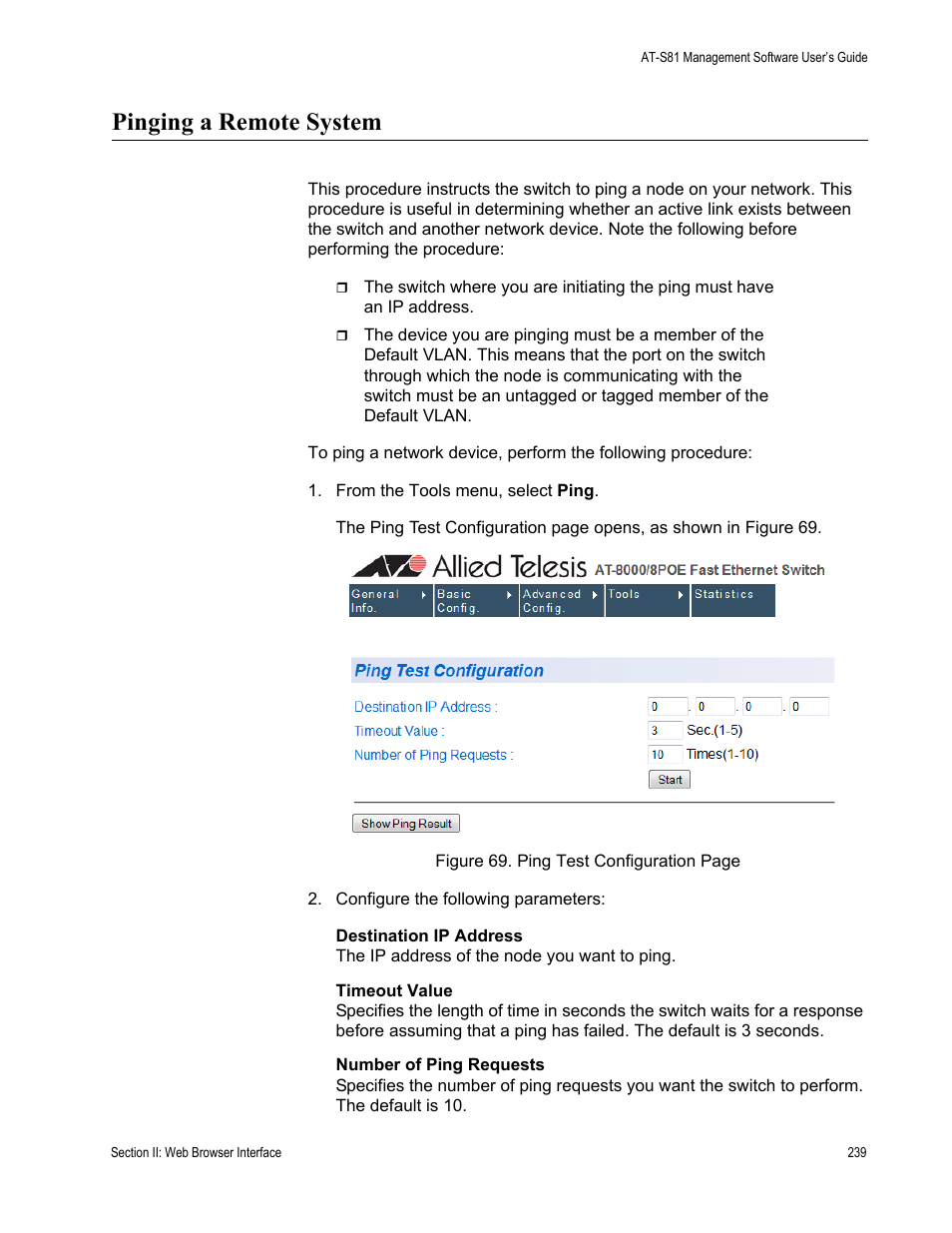 Pinging a remote system | Allied Telesis AT 8000/8POE User Manual | Page 239 / 360
