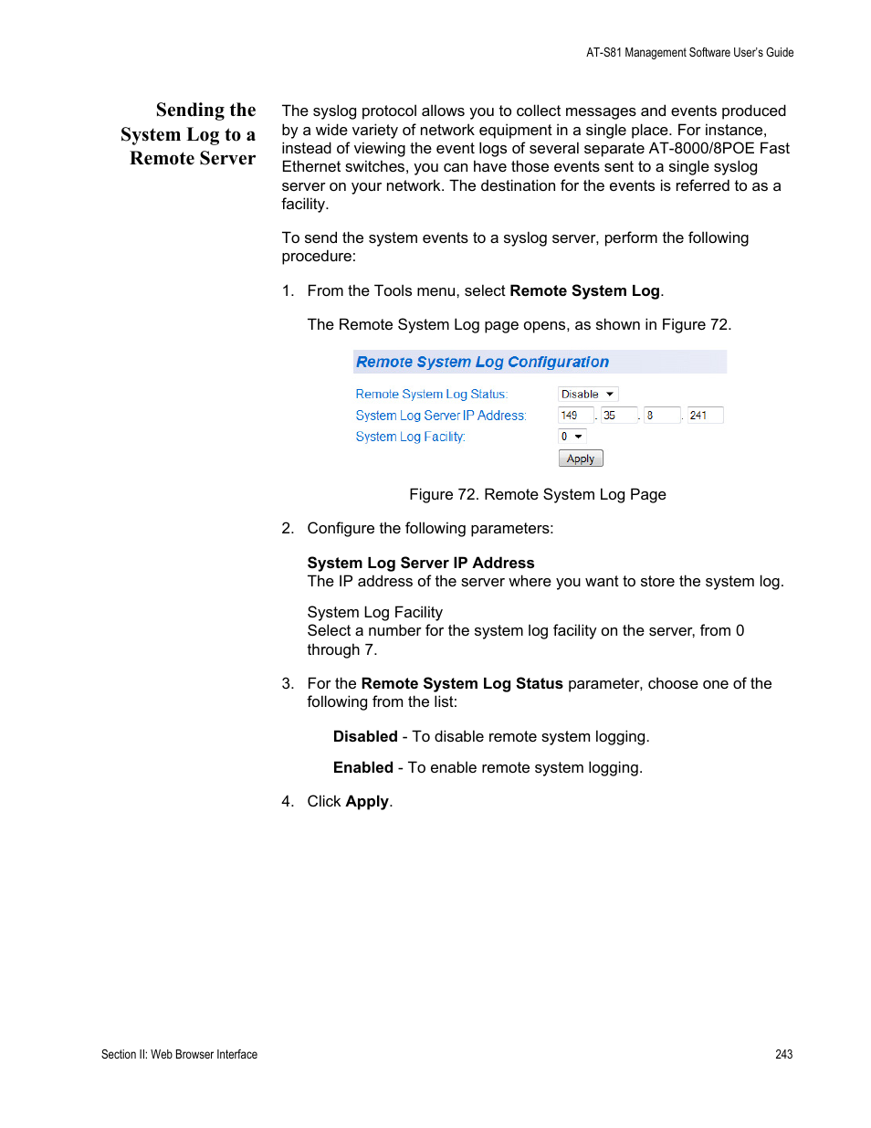 Sending the system log to a remote server | Allied Telesis AT 8000/8POE User Manual | Page 243 / 360