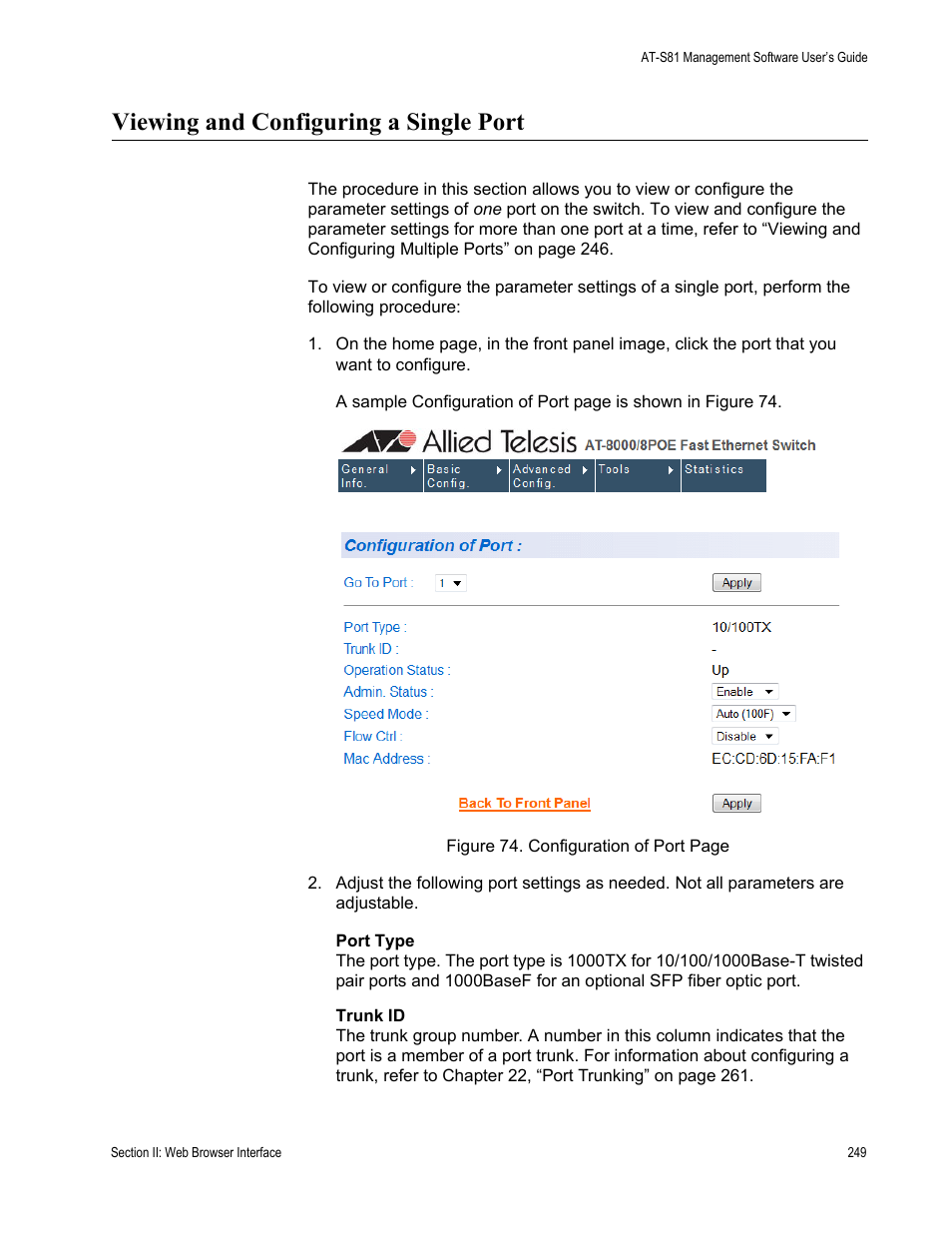 Viewing and configuring a single port | Allied Telesis AT 8000/8POE User Manual | Page 249 / 360