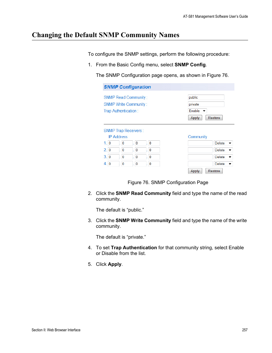 Changing the default snmp community names | Allied Telesis AT 8000/8POE User Manual | Page 257 / 360