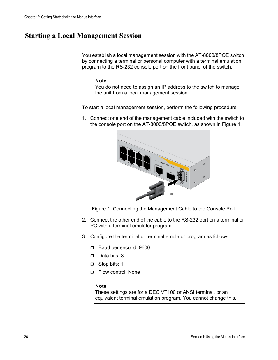 Starting a local management session | Allied Telesis AT 8000/8POE User Manual | Page 26 / 360