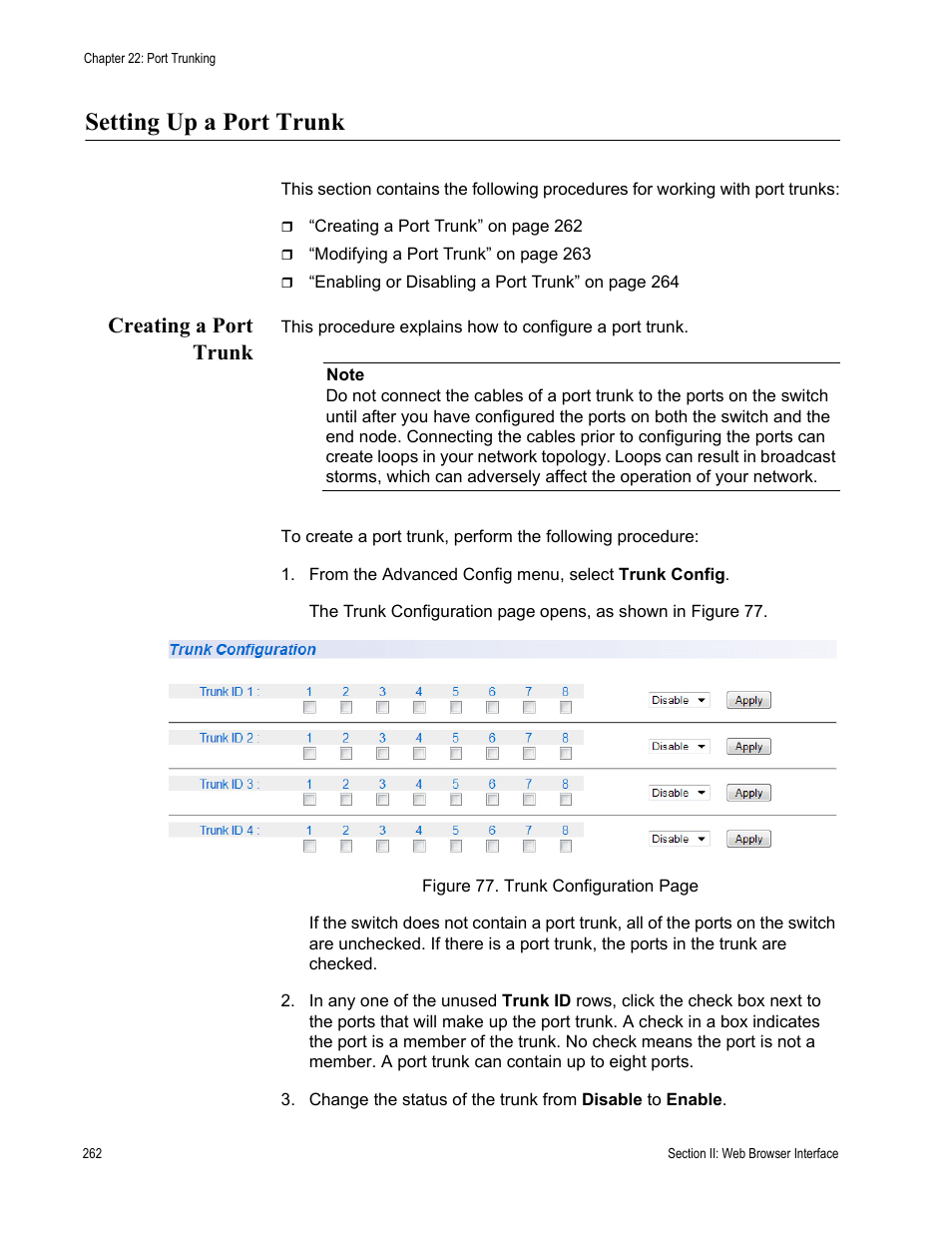 Setting up a port trunk, Creating a port trunk | Allied Telesis AT 8000/8POE User Manual | Page 262 / 360