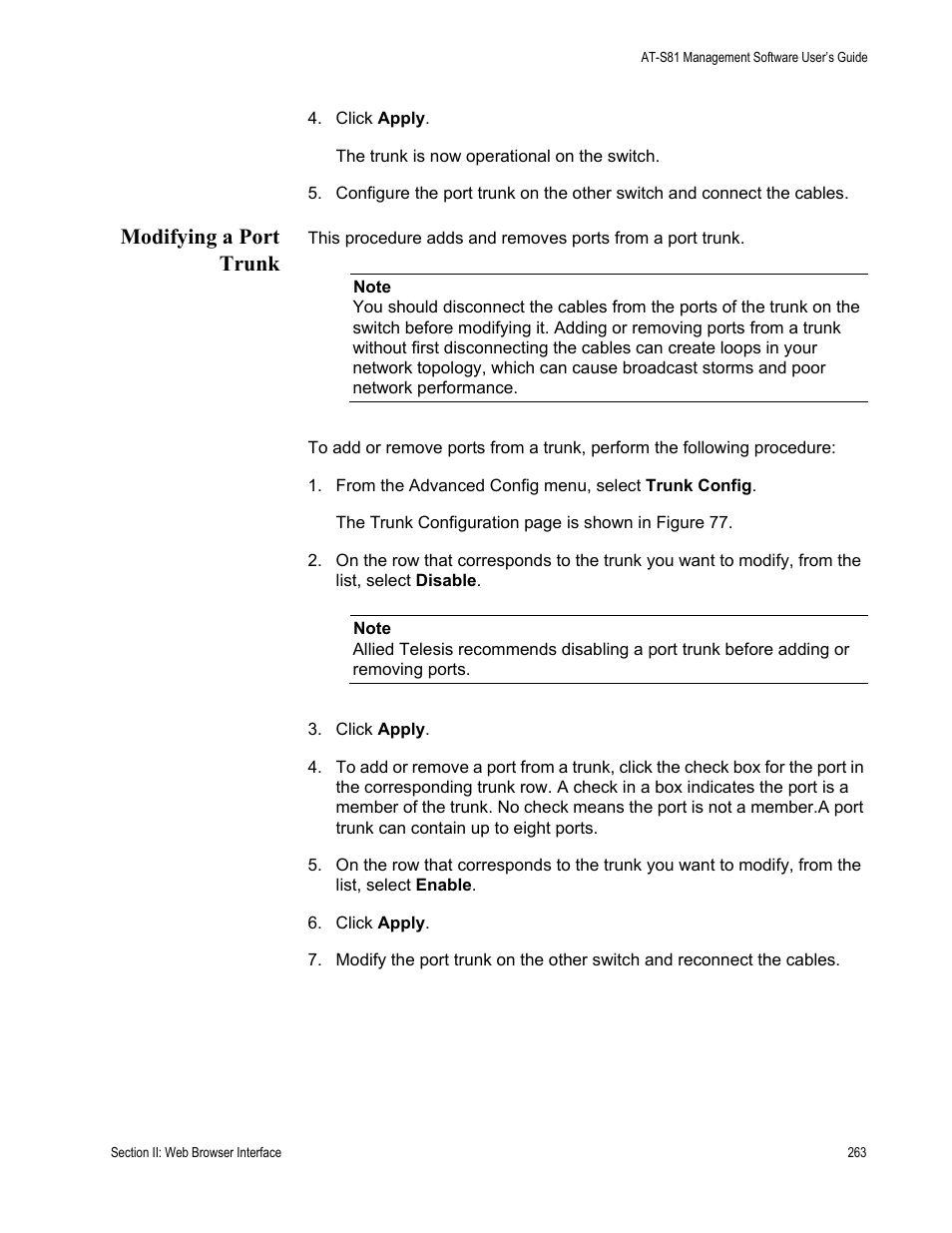Modifying a port trunk | Allied Telesis AT 8000/8POE User Manual | Page 263 / 360