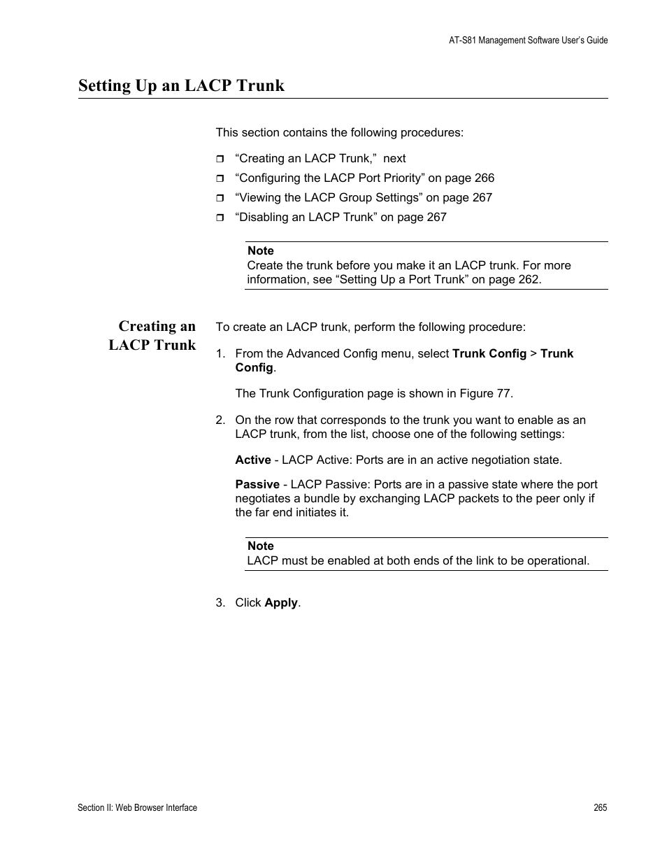 Setting up an lacp trunk, Creating an lacp trunk | Allied Telesis AT 8000/8POE User Manual | Page 265 / 360