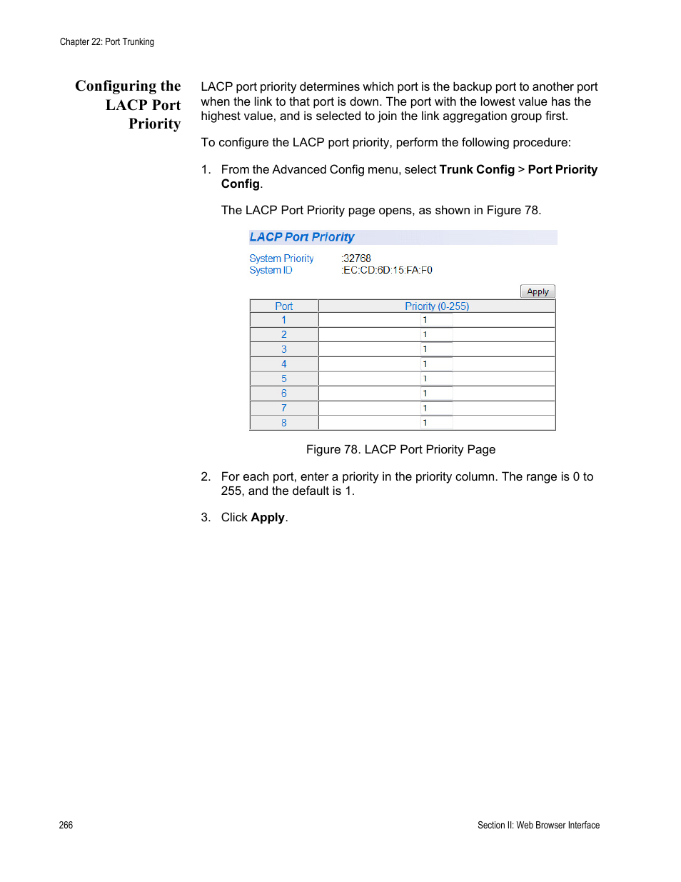 Configuring the lacp port priority | Allied Telesis AT 8000/8POE User Manual | Page 266 / 360