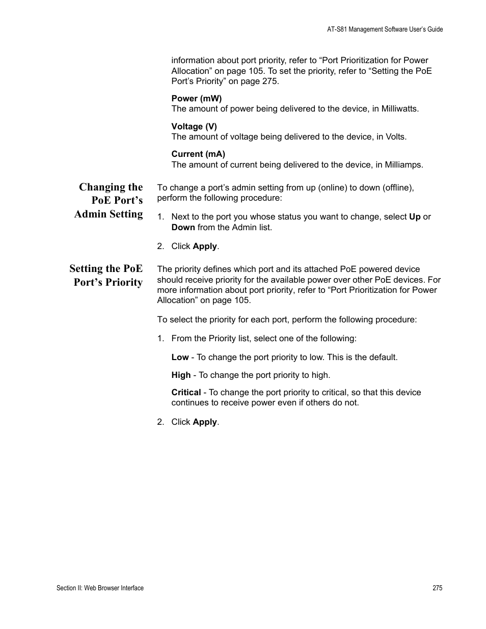 Changing the poe port’s admin setting, Setting the poe port’s priority | Allied Telesis AT 8000/8POE User Manual | Page 275 / 360