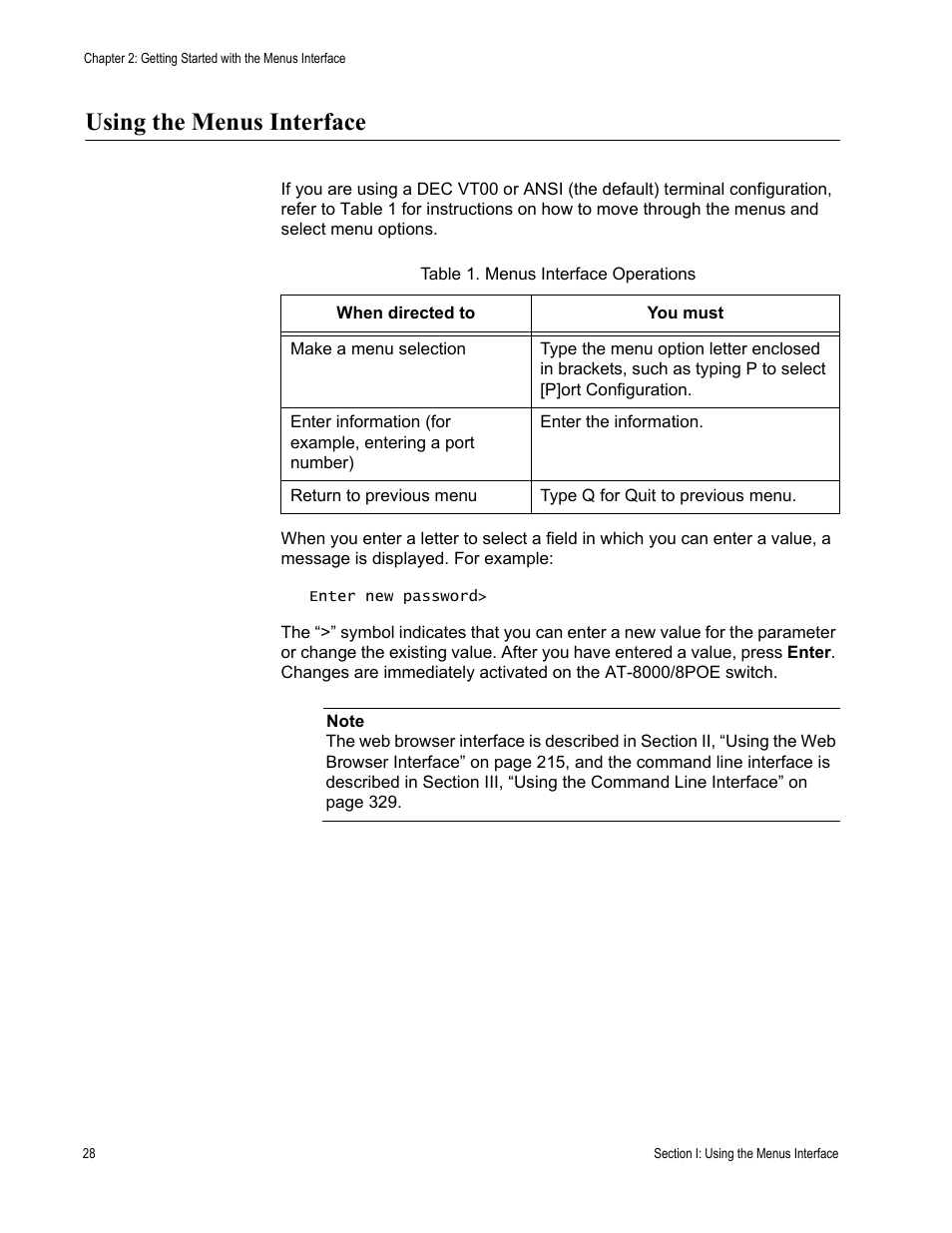 Using the menus interface, Table 1. menus interface operations | Allied Telesis AT 8000/8POE User Manual | Page 28 / 360