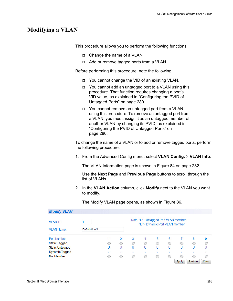 Modifying a vlan | Allied Telesis AT 8000/8POE User Manual | Page 285 / 360