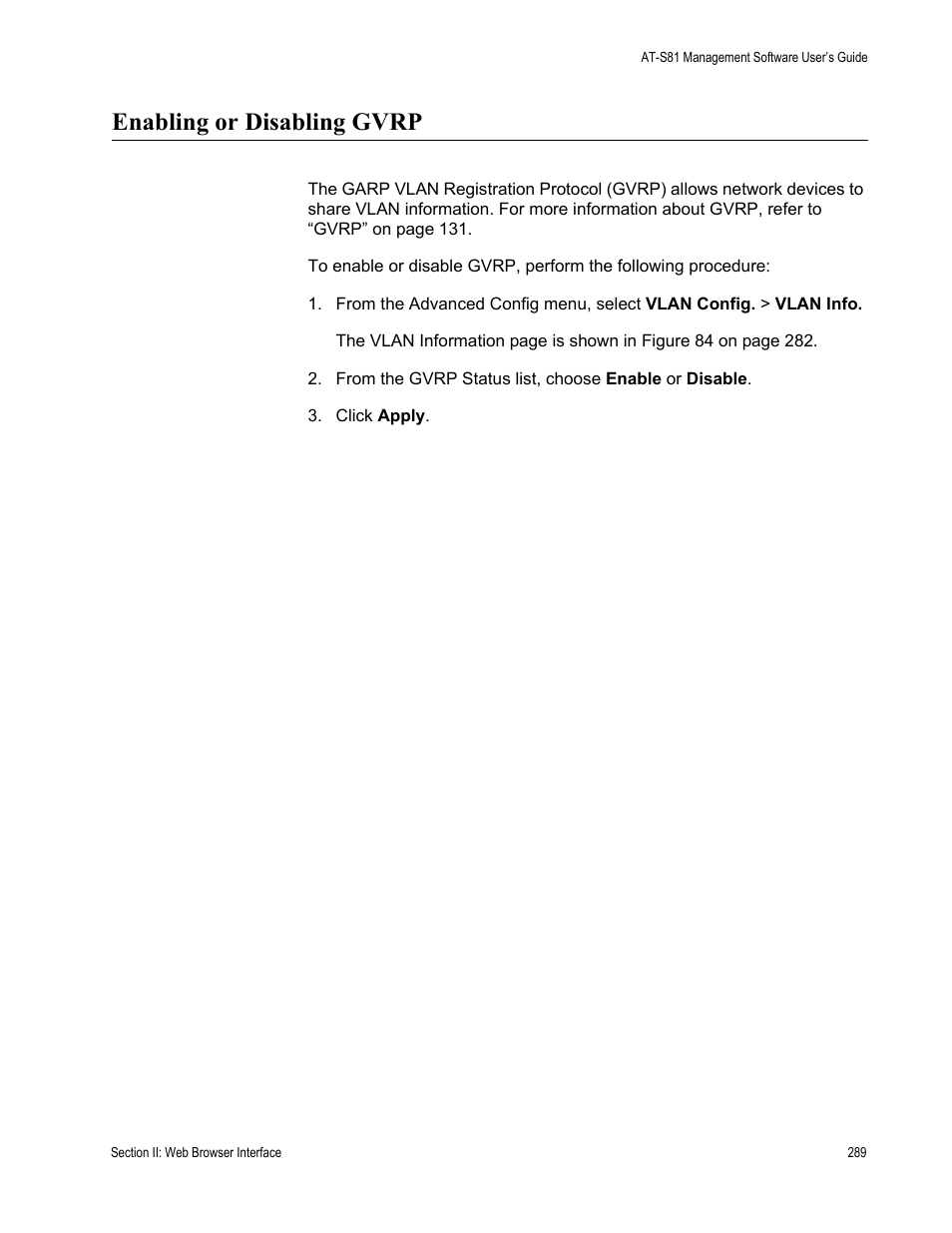 Enabling or disabling gvrp | Allied Telesis AT 8000/8POE User Manual | Page 289 / 360