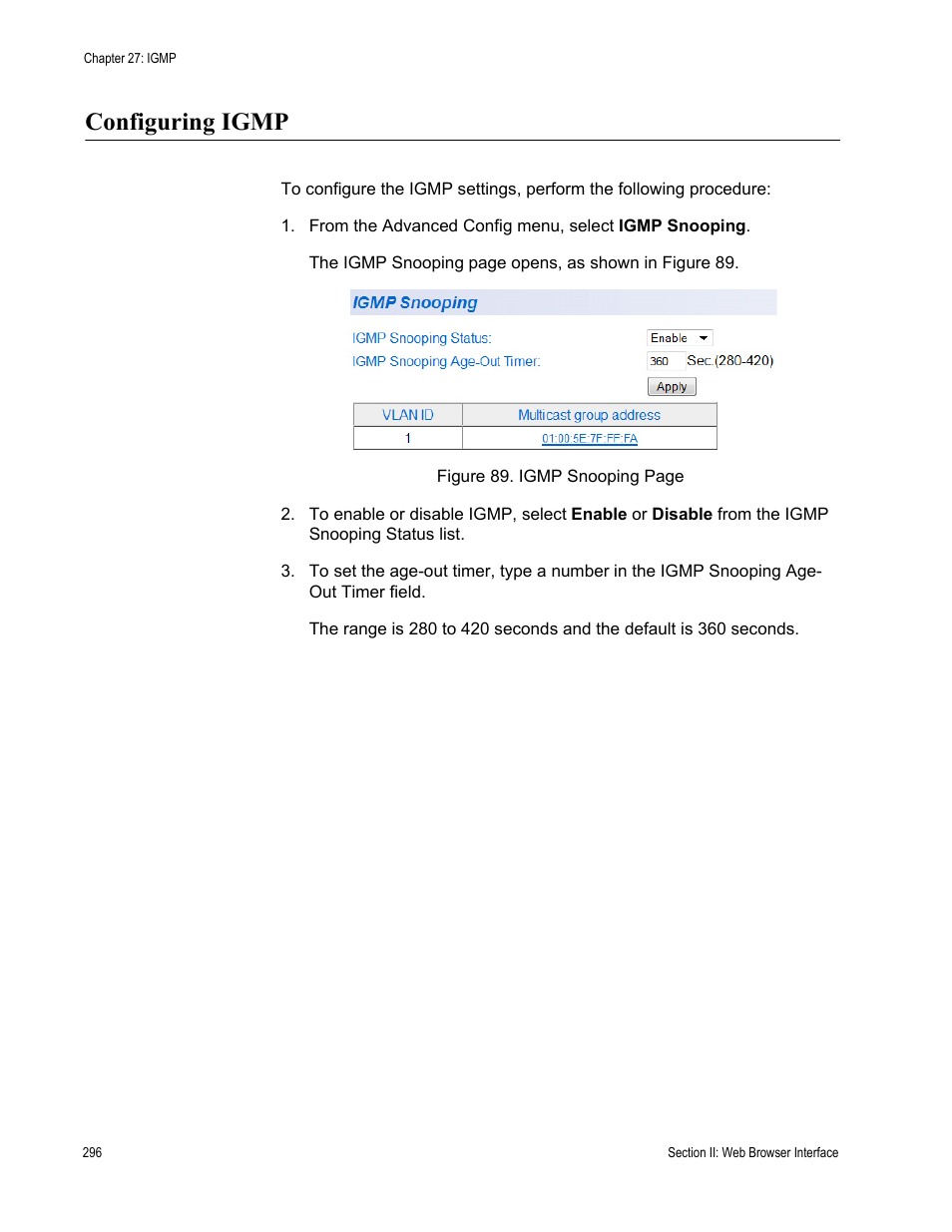 Configuring igmp | Allied Telesis AT 8000/8POE User Manual | Page 296 / 360
