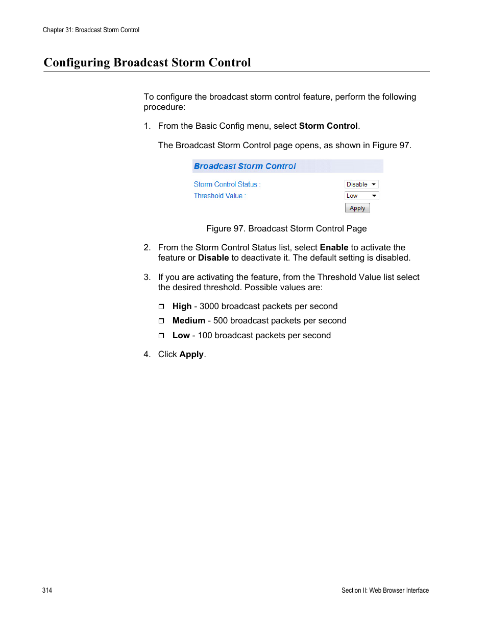 Configuring broadcast storm control | Allied Telesis AT 8000/8POE User Manual | Page 314 / 360