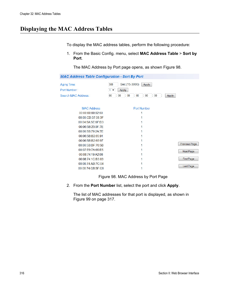 Displaying the mac address tables | Allied Telesis AT 8000/8POE User Manual | Page 316 / 360
