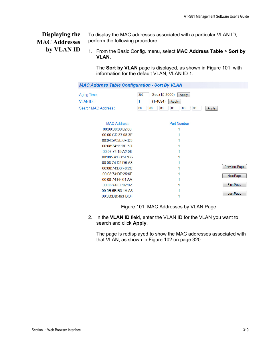 Displaying the mac addresses by vlan id | Allied Telesis AT 8000/8POE User Manual | Page 319 / 360