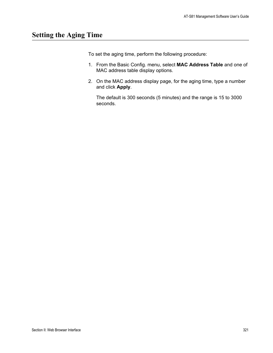 Setting the aging time | Allied Telesis AT 8000/8POE User Manual | Page 321 / 360